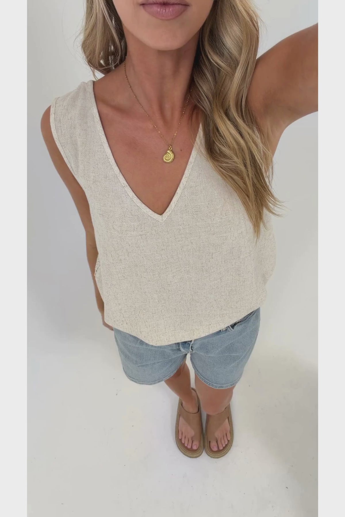 Arlete Top - V Neck Singlet with Lattice Detail Side Seams in Beige