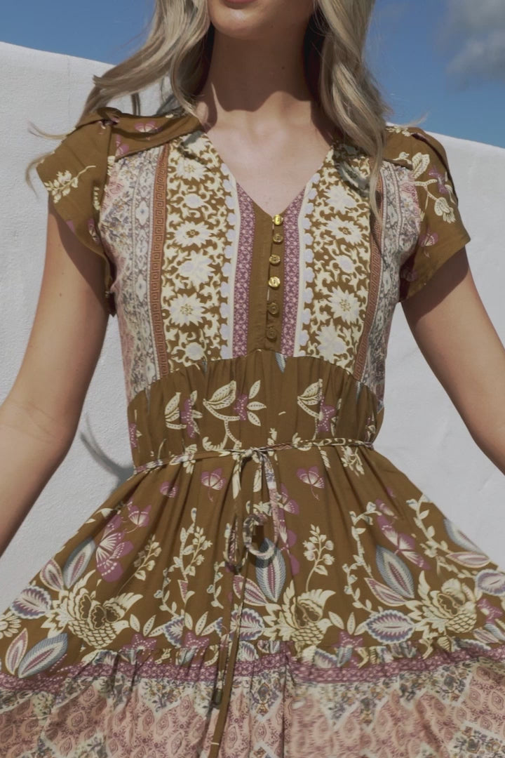 JAASE - Tracey Mini Dress: Cap Sleeve Dress with Waist Tie in Emre Print