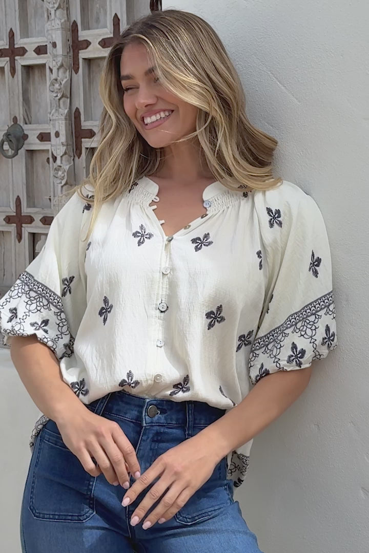 Alicia Top - Mandarin Collar Buttoned-Down Top in Sahara Print Navy