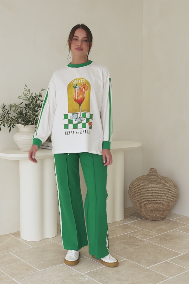 Spritz Long Sleeve Tee - Crew Neck Contrast Stripe Graphic T-Shirt in White