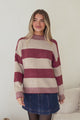 Janie Jumper - Mock Neck Striped Jumper with Contrast Stripe Hemlines in Mauve