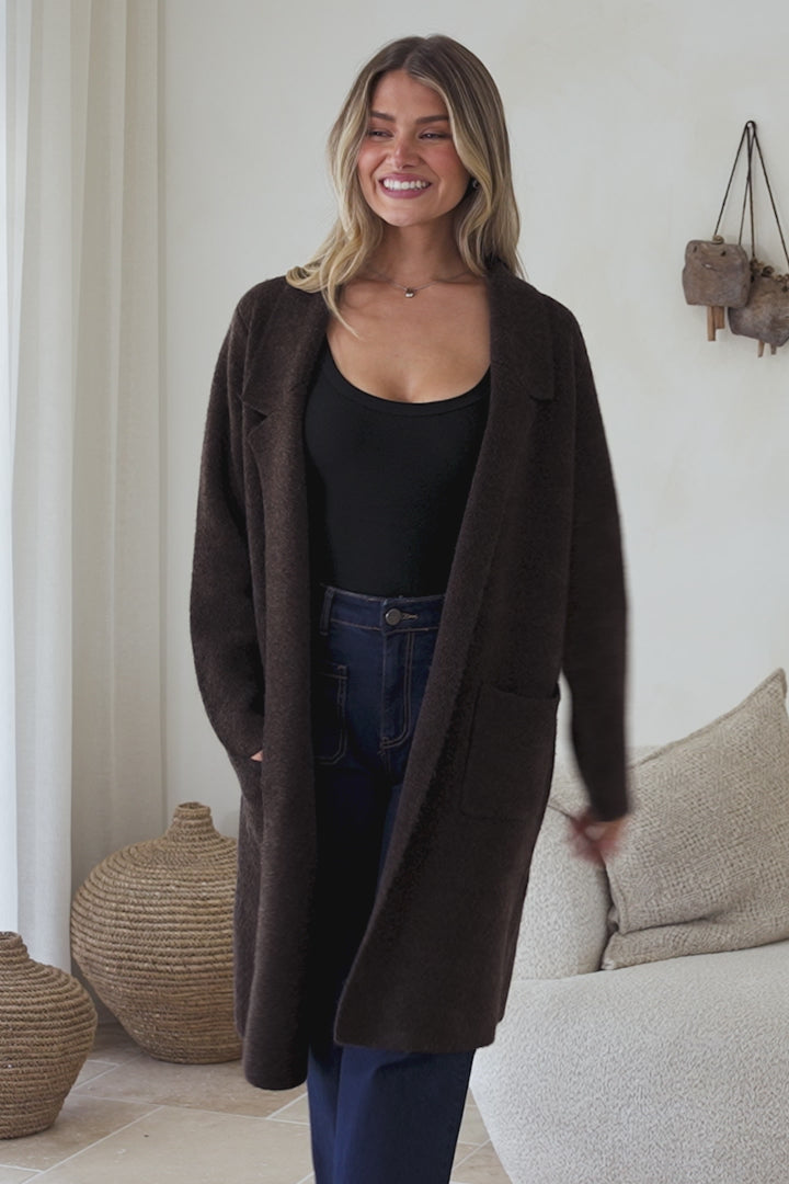 Samson Cardigan - Folded Lapel Collar Coatigan with Pockets in Chocolate
