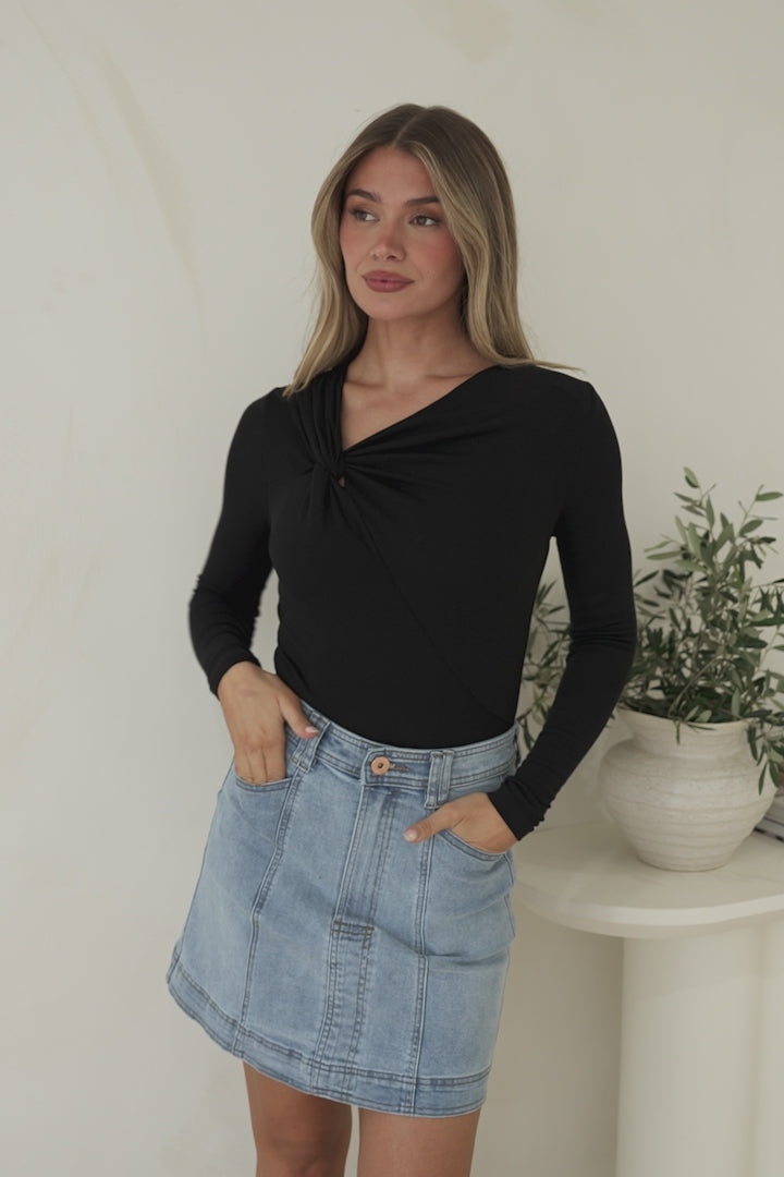 Astin Denim Mini Skirt - High Waisted Contrast Stitched A-Line Skirt in Light Denim