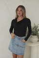 Astin Denim Mini Skirt - High Waisted Contrast Stitched A-Line Skirt in Light Denim