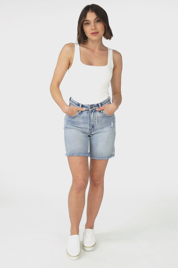 Creed Denim Shorts - Distressed Highwaisted Shorts in Medium Wash Denim