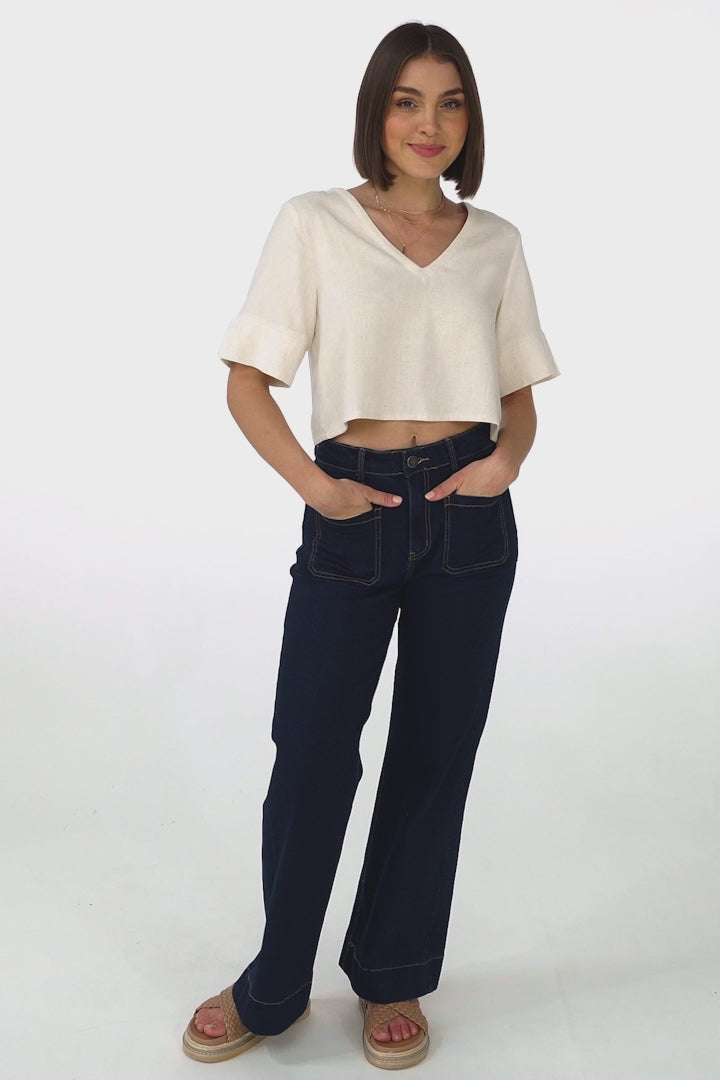 Susan Top - Boxy V-Neckline Linen Crop Top in Oat