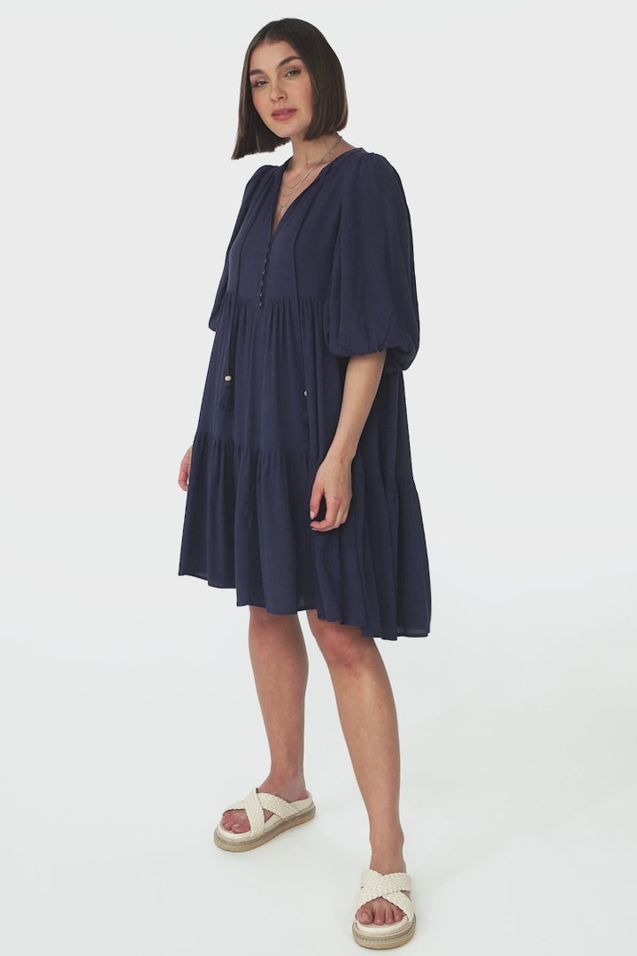 Elkie Mini Dress - Tiered Smock Dress with Balloon Sleeves in Blue