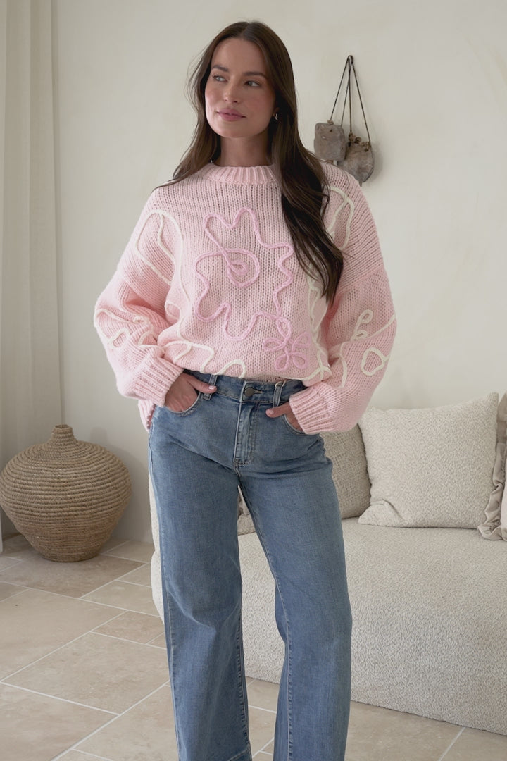 Lulu Jumper - Crew Neck Abstract Floral Motif Knit with Balloon Sleeves in Baby Pink