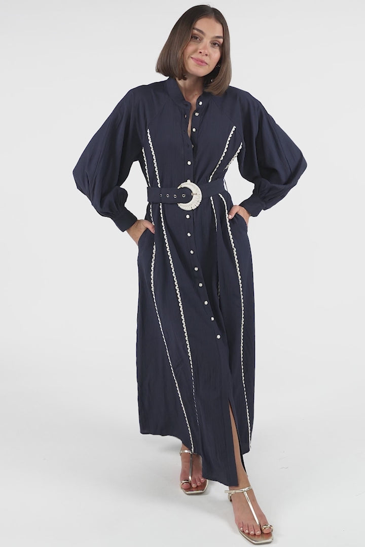 Darcy Maxi Dress - Contrast Detailing Button Down Dress with Belt in Navy