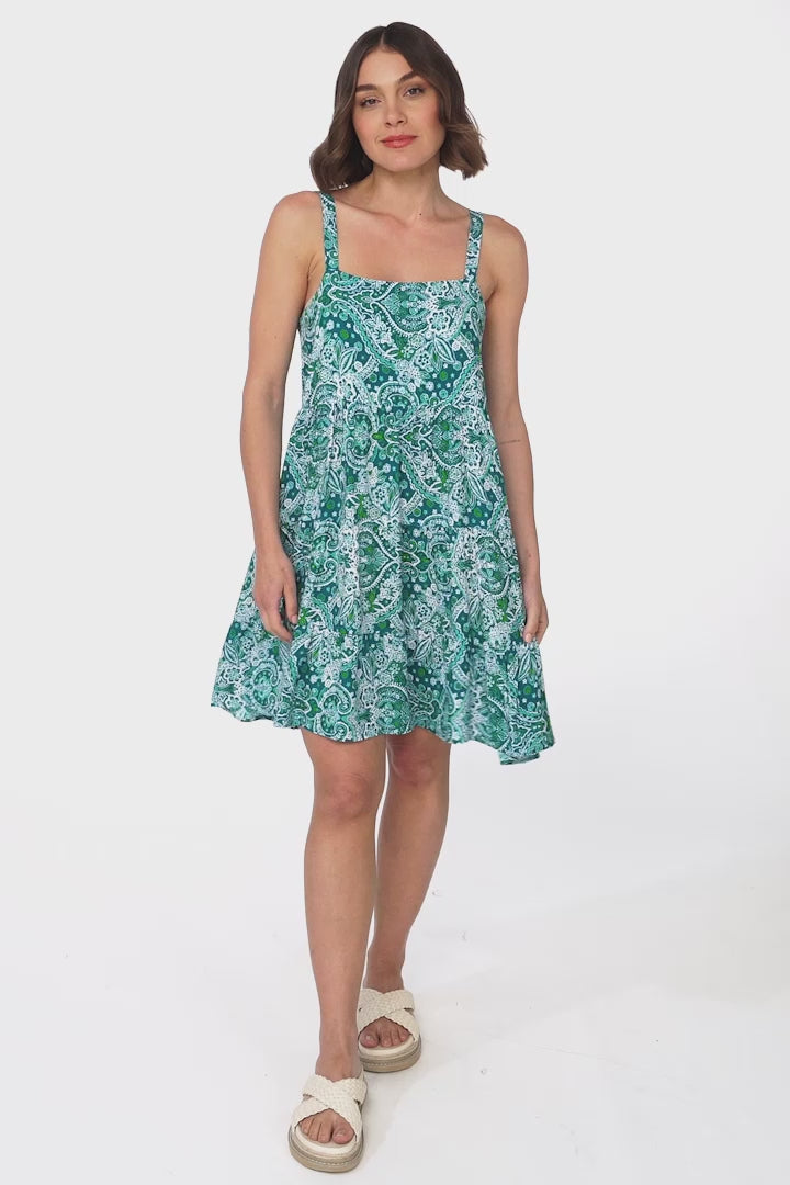 Baasa Mini Dress - Playful Sun Dress In Scala Print Green