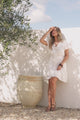 Bethanie Mini Dress - V Neck Button Down Cap Sleeve Cotton Dress with Waist Tie in White