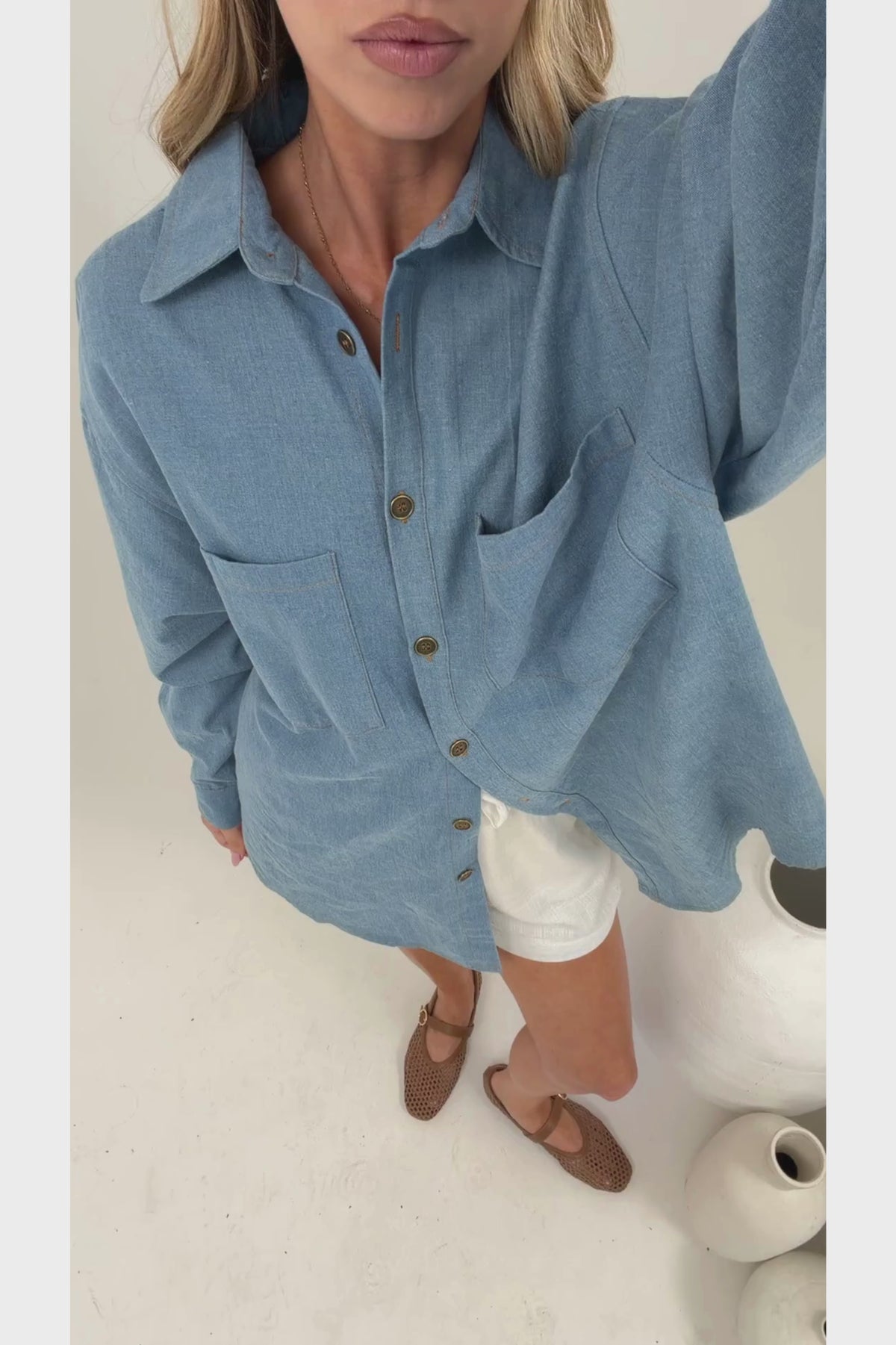 Foster Shirt - Oversized Button Down Denim Shirt in Mid Denim Wash