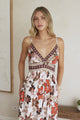 Aviva Maxi Dress - V Neck Smocked Bodice A-Line Dress with Adjustable Straps in Peonia Print