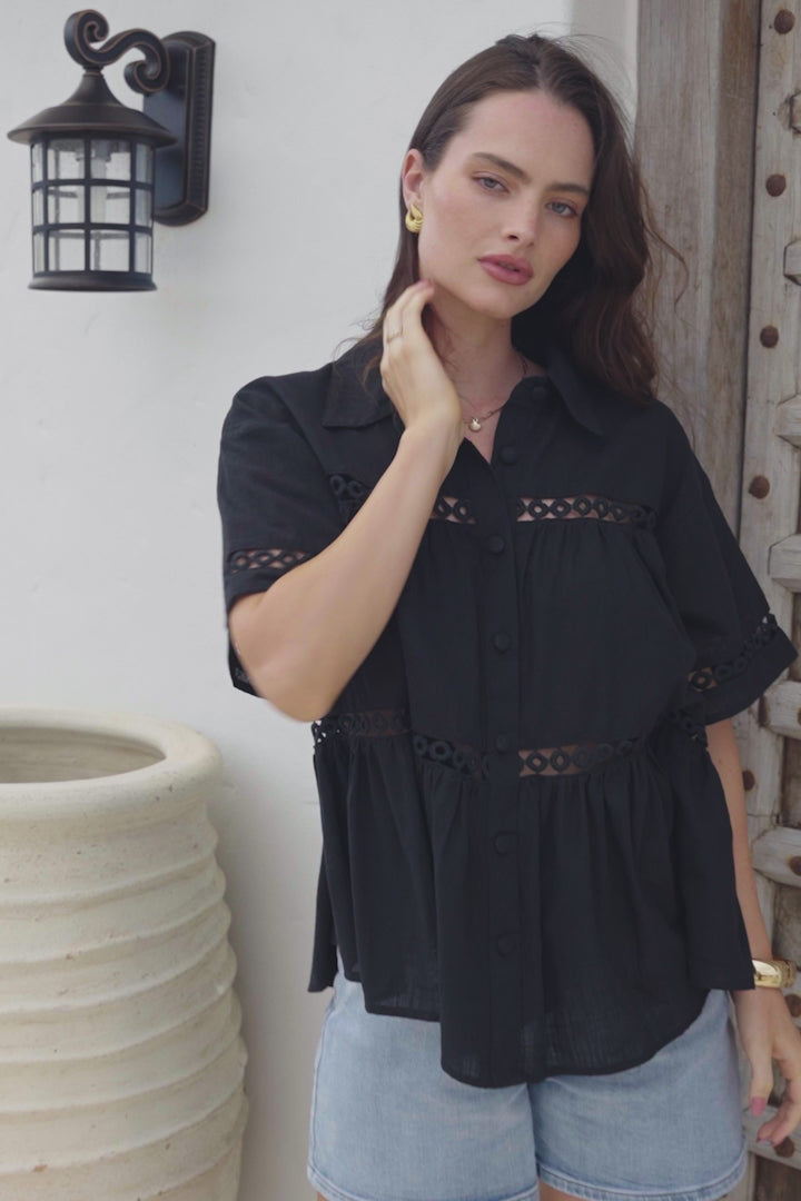 Leyana Shirt - Collared Cut Out Insert Button Down in Black