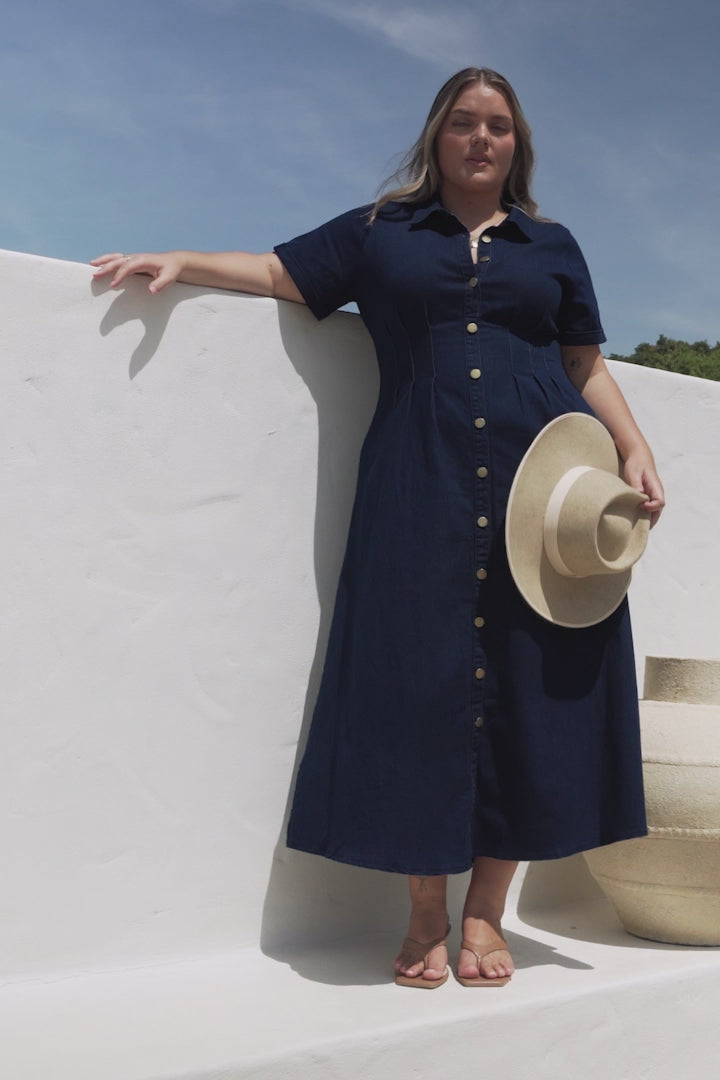 Sharlan Midi Dress - A-Line Button Detailed Denim Dress in Dark Denim