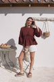 Yvanna Top - Boatneck Adjustable Waist Cheesecloth Cotton Top in Terracota