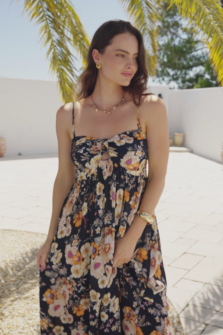 Moira Maxi Dress - Twist Front Keyhole Detail Sun Dress with Optional Straps in Autumn Print