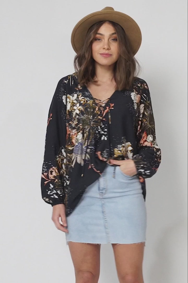 JAASE - Palas Top: V Neck Slouch Blouse with Criss Cross Bust Tie In Indigo Print