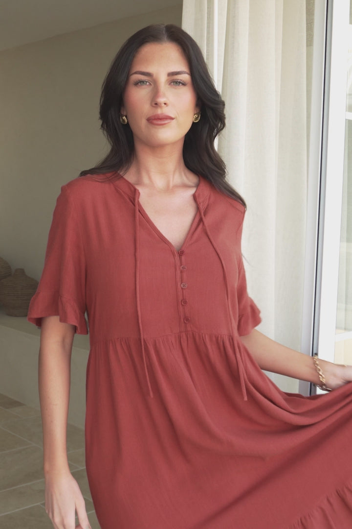 Madalena Midi Dress - Mandarin Collar Buttoned Bodice Smock Dress in Terracotta