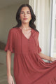 Madalena Midi Dress - Mandarin Collar Buttoned Bodice Smock Dress in Terracotta