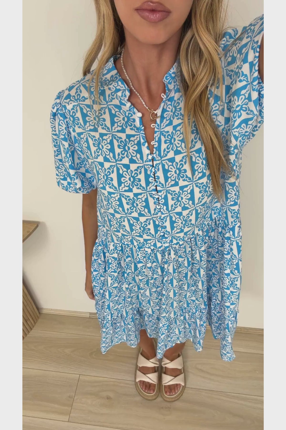 Chelle Mini Dress - Mandarin Collar Short Puff Sleeve Dress with Pockets in Dory Print