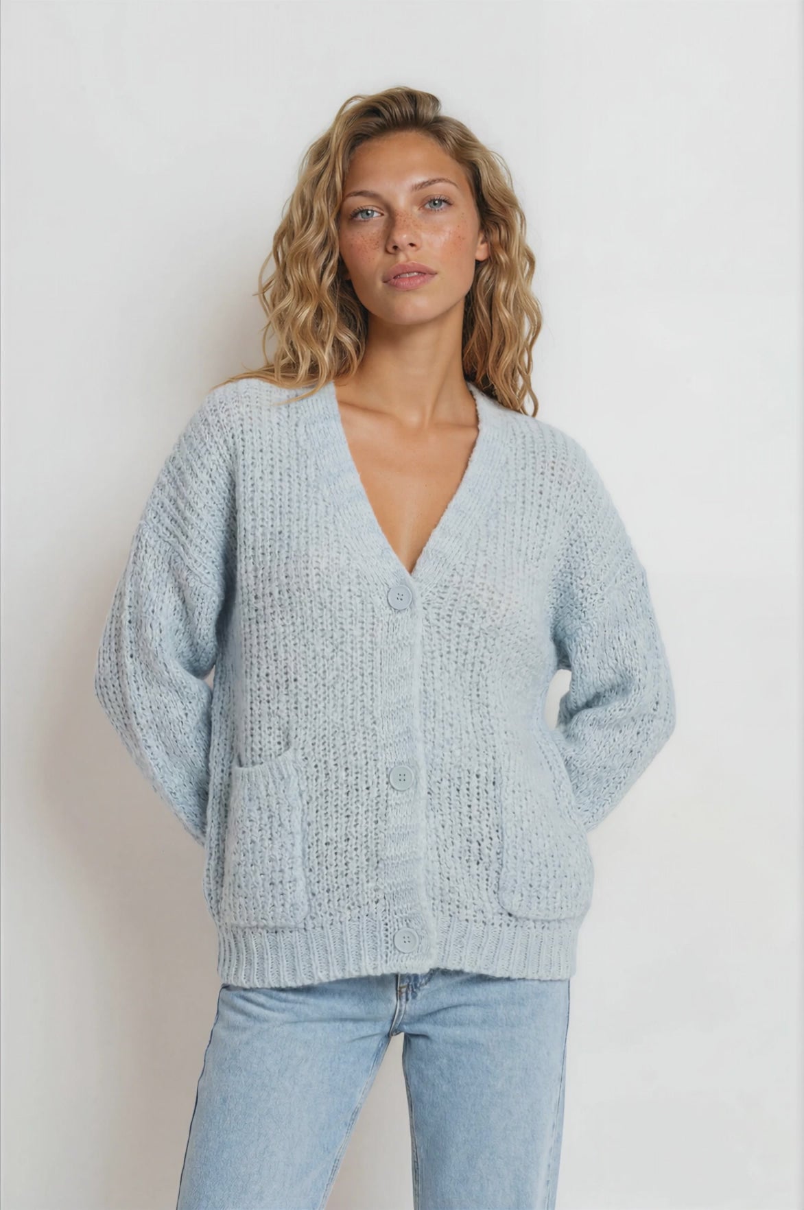 Grayson Cardigan - V-Neck Button Front Knit with Pockets and Balloon Sleeves in Blue