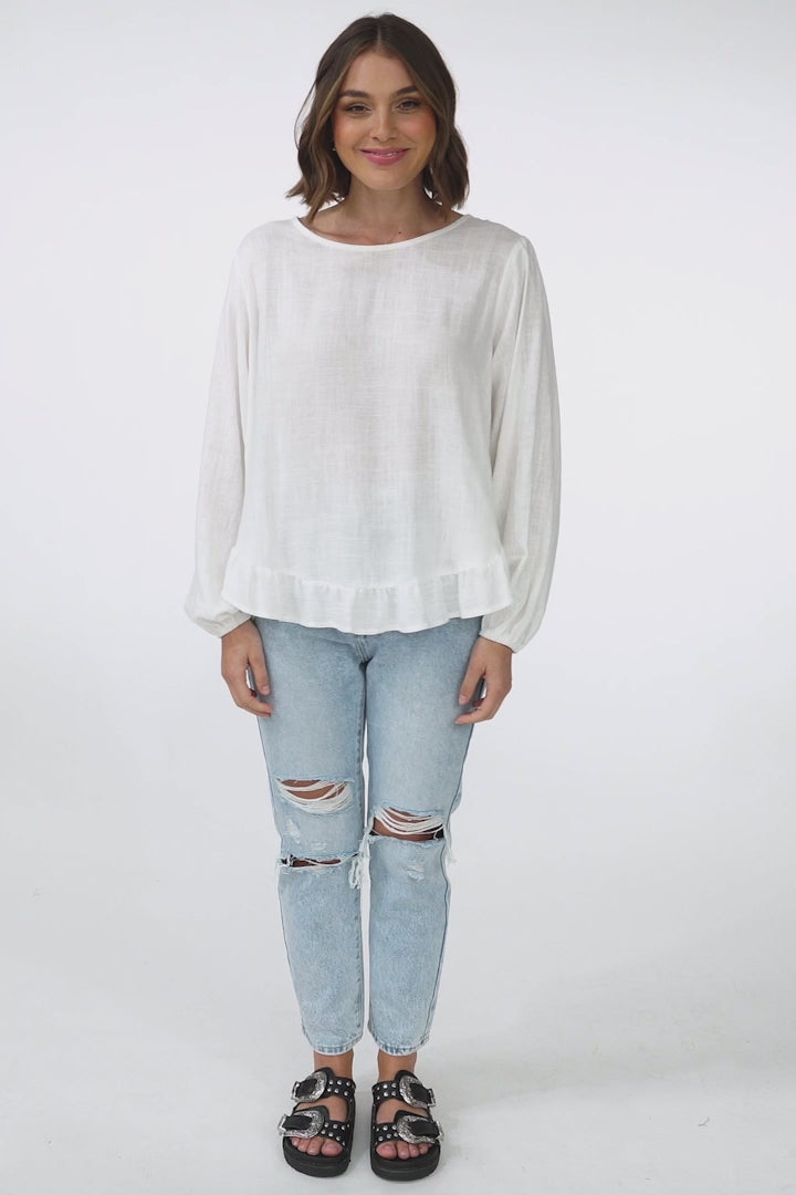 Solara Top - Crew Neck Linen Blend Frill Hemmed Top in White