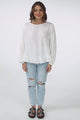 Solara Top - Crew Neck Linen Blend Frill Hemmed Top in White