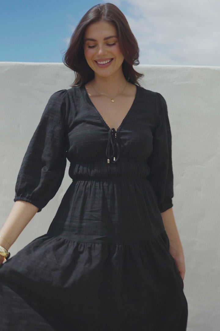 Elise Maxi Dress - Empire Waistline Dress with 3/4 Sleeves in Black