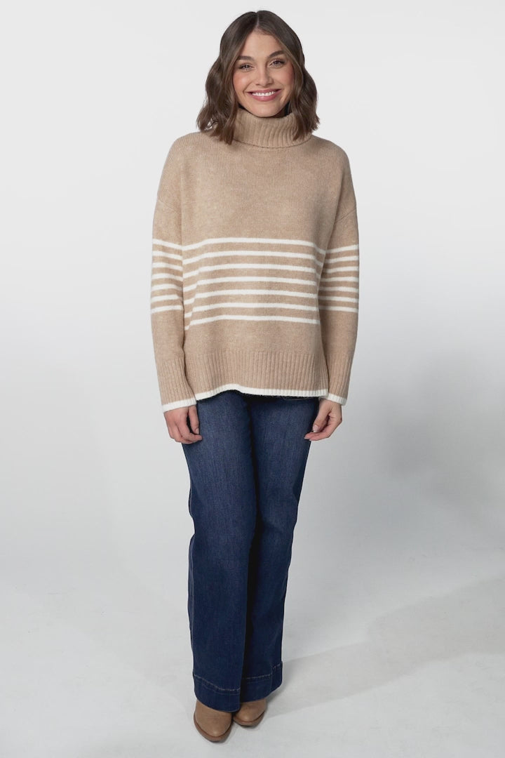 Emmett Jumper - Turtle Neck Stripe Pull Over Jumper with Stripes in Camel