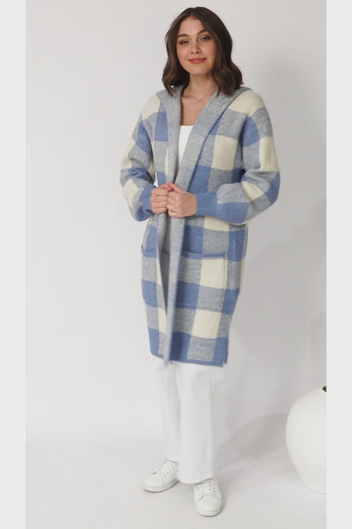 Nowel Cardigan - Hooded Checkered Cardigan with Pockets in Blue