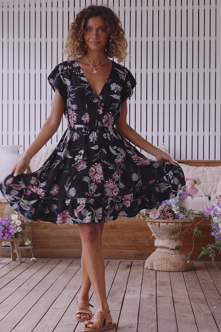 JAASE - Lizzie Mini Dress: Butterfly Cap Sleeve Button Down Dress with Pockets in Under The Stars Print