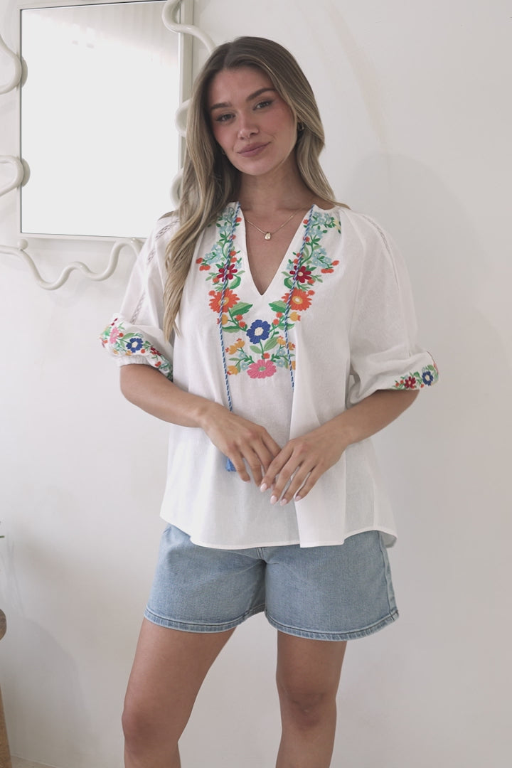Margerie Top - Floral Embroidered Top with 3/4 Sleeves in White