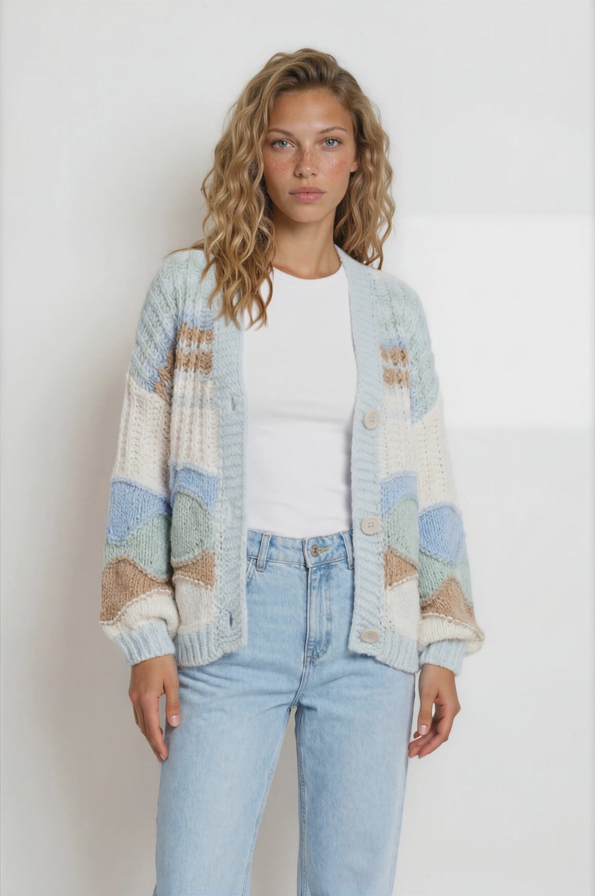 Bellamy Cardigan - Button Front V Neck Multicoloured Stripe Knit in Blue/Green