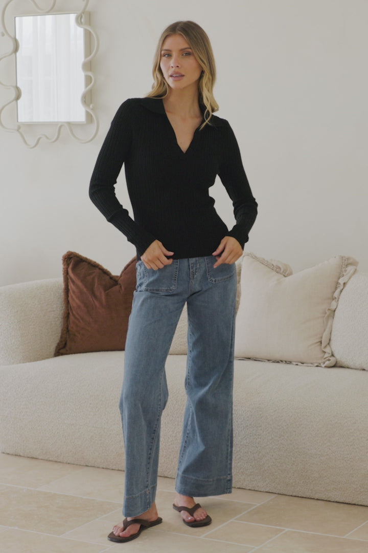 Andee Knit Top - Wing Collar V-Neck Ribbed Long Sleeve Top in Black