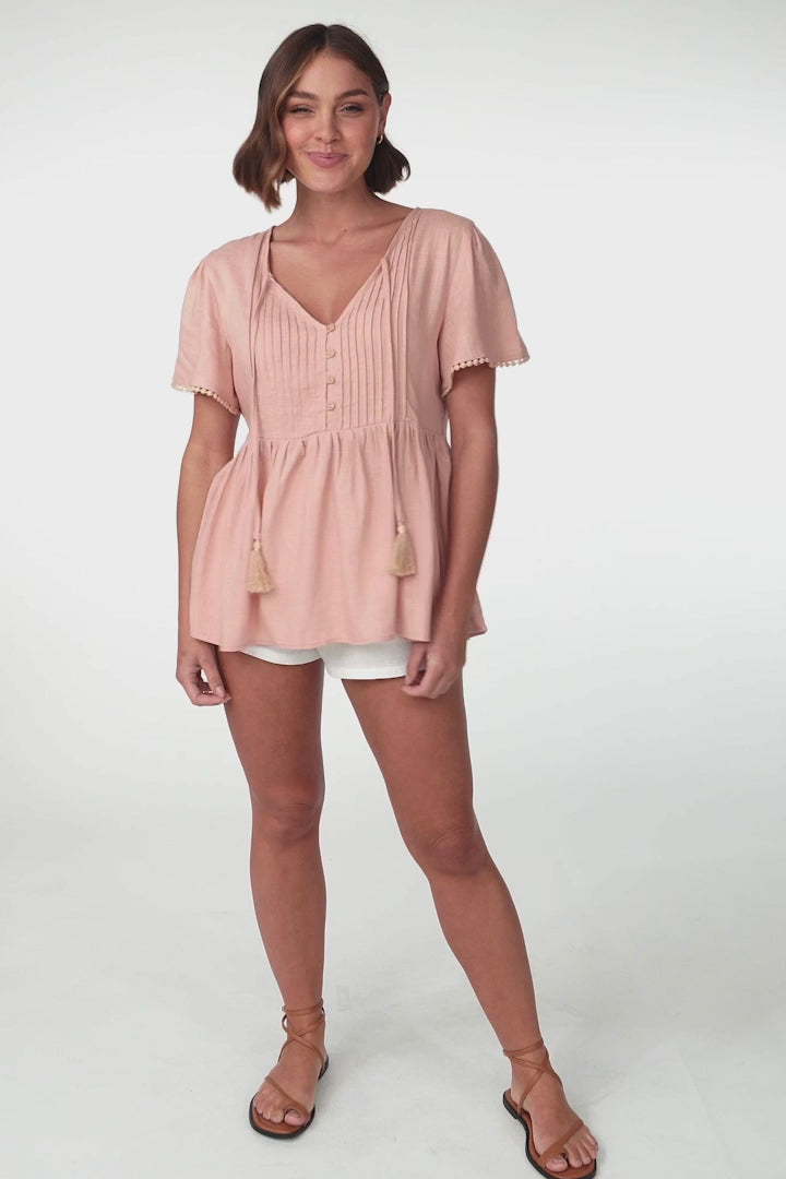 Mallory Top - Pleated Bodice Crochet Trim Cap Sleeve Smock Top in Blush