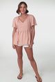 Mallory Top - Pleated Bodice Crochet Trim Cap Sleeve Smock Top in Blush
