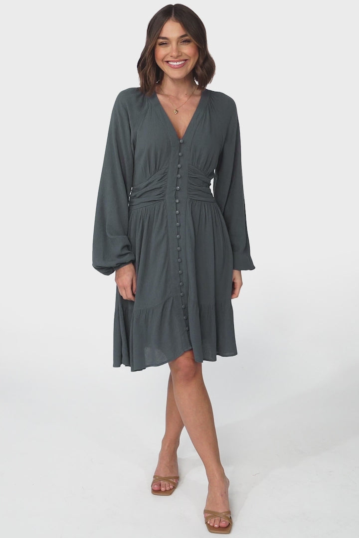 Iris Mini Dress - A Line Gathered Waist Button Down Dress in Charcoal