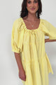 Oliander Mini Dress - On or Off Shoulder Tiered Dress with Pockets in Figaro Stripe Lemon