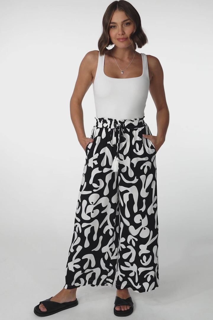 Jaxie Pants - Elasticated Paperbag Waist with Drawstring Wide Leg Pants with Pockets in Black