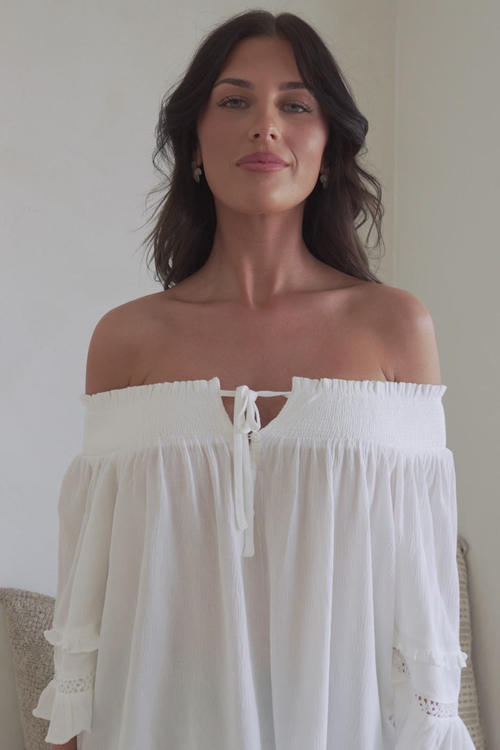 Sarah Top - Off Shoulder Ruffled Sleeve Top in White