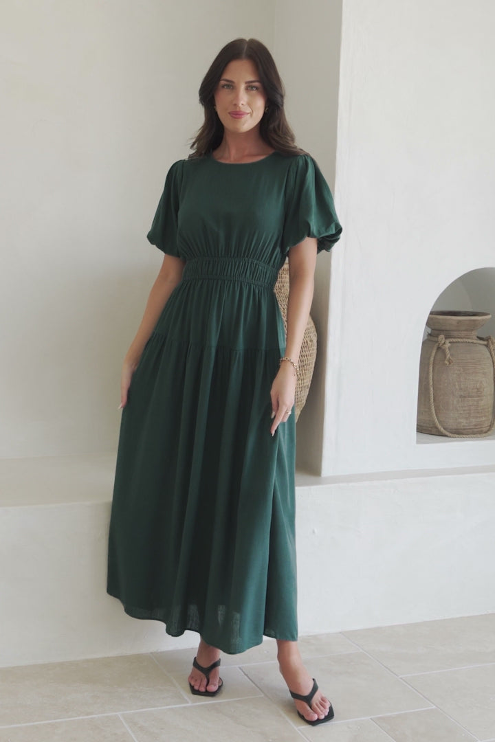 Maeana Maxi Dress - Short Balloon Sleeeve Elasticated Waist A Line Dress in Emerald