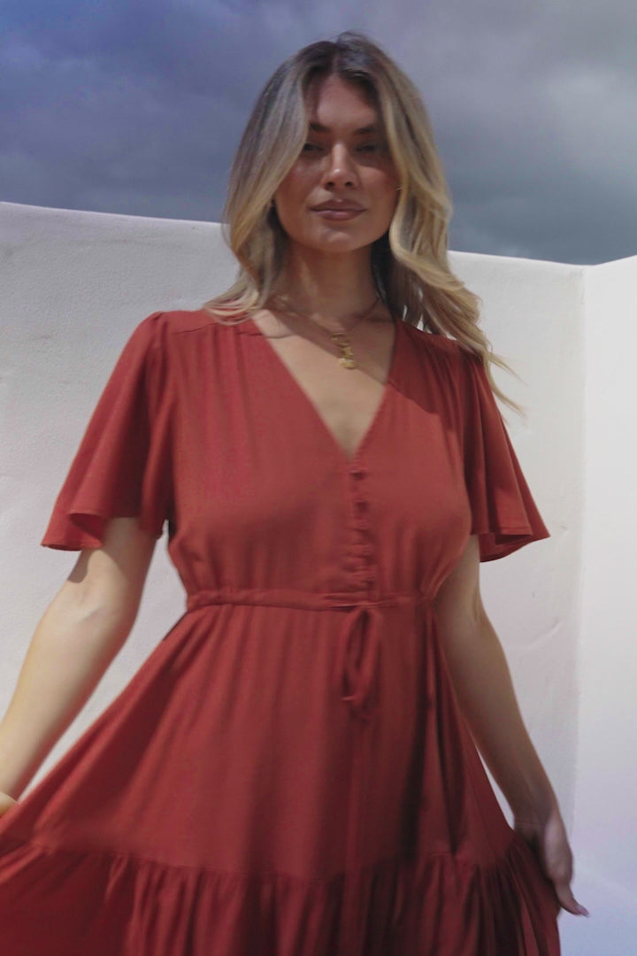 Anya Maxi Dress - Flutter Cap Sleeve Pull Tie Waist Dress in Rust
