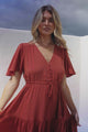 Anya Maxi Dress - Flutter Cap Sleeve Pull Tie Waist Dress in Rust