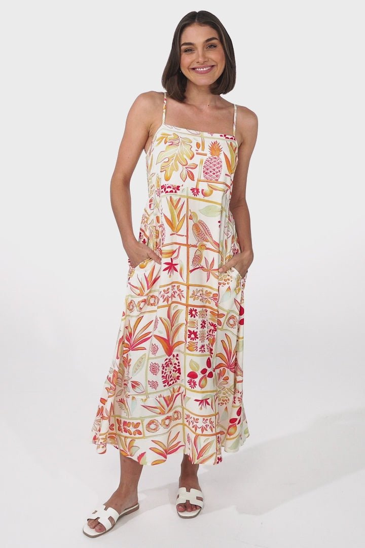 Amara Midi Dress - Adjustable Strap Sun Dress with Pockets in Sonni Print Melon