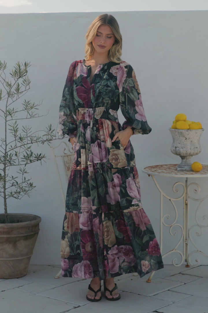 Bennett Maxi Dress - Split Crew Neck A-Line Tiered Dress with Pleat Details in Annalisa Print