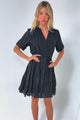 Wyanna Mini Dress - Mandarin Collar Button Down Tiered Dress with Waist Tie in Black
