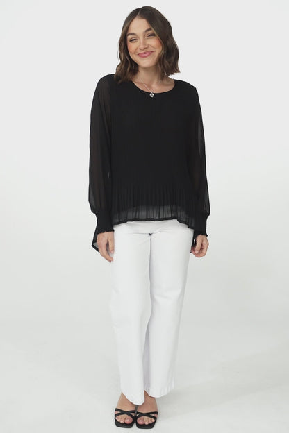 Kayt Blouse - Plisse Long Sleeve Top with High-Low Hemline in Black