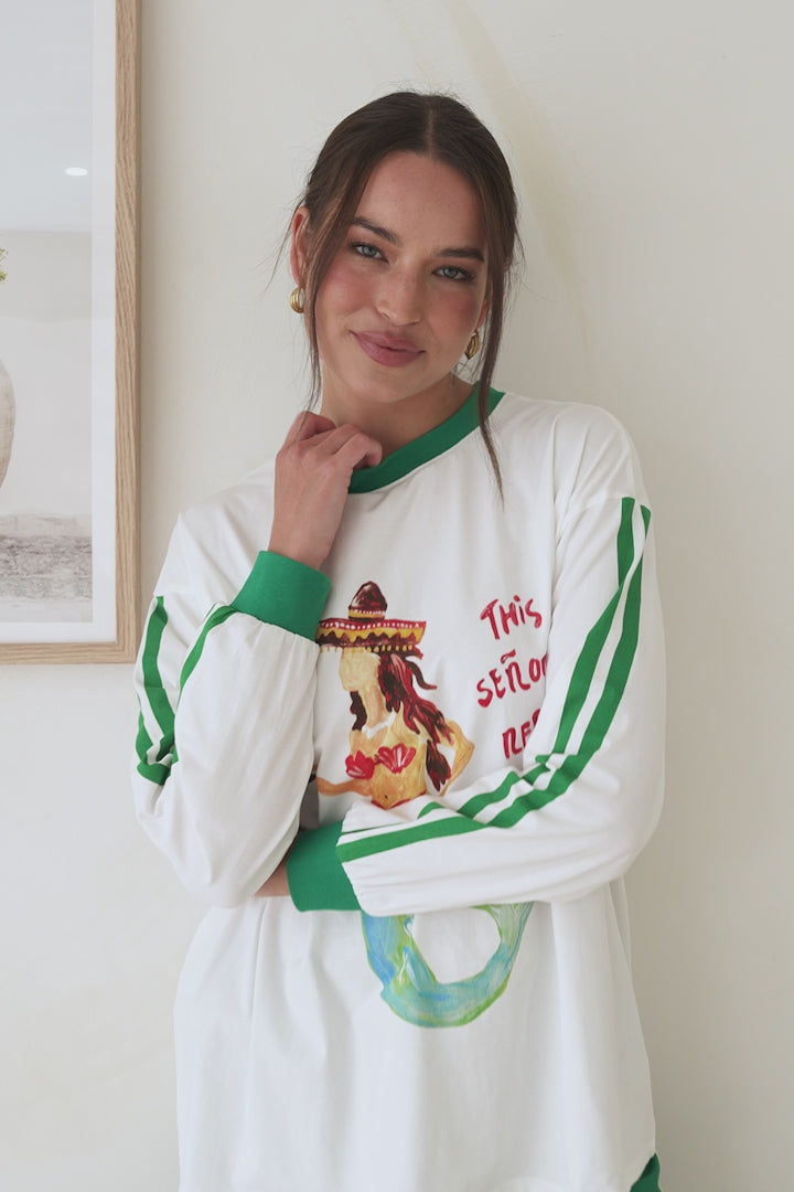 Senorita Margarita Long Sleeve Tee - Crew Neck Contrast Stripe Graphic T-Shirt in White