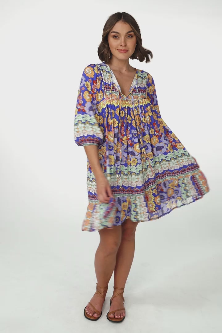 JAASE - French Mini Dress: Yoke Neckline Dress with Matching Belt in Eden Print